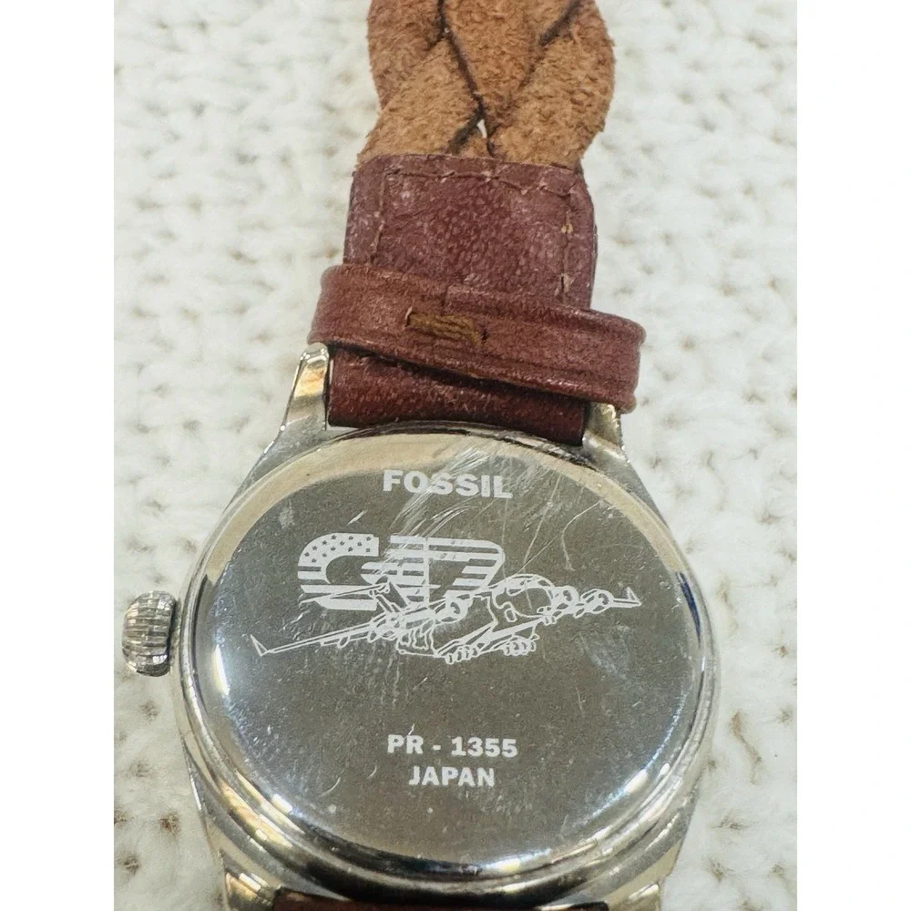 Vintage Fossil PR-1355 Airplane World Map Leather Watch Untested